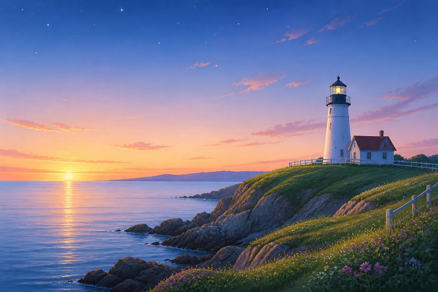 A quiet lighthouse on green cliffs above a calm sea at dawn