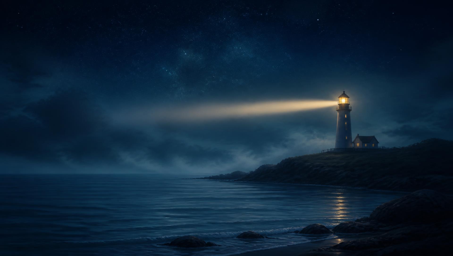 A lighthouse on a quiet coast at night, its warm beam reaching through low sea fog